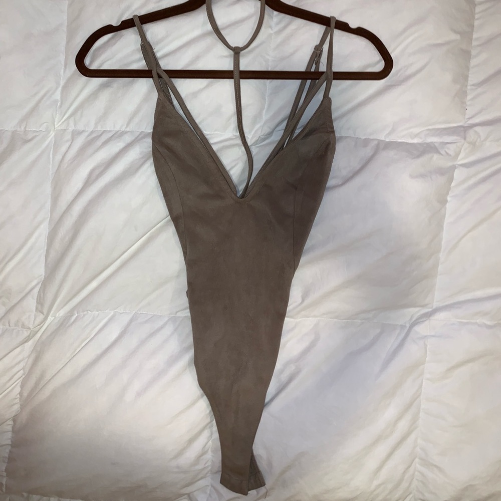 Suede tan onesie from Charlotte Russe.
